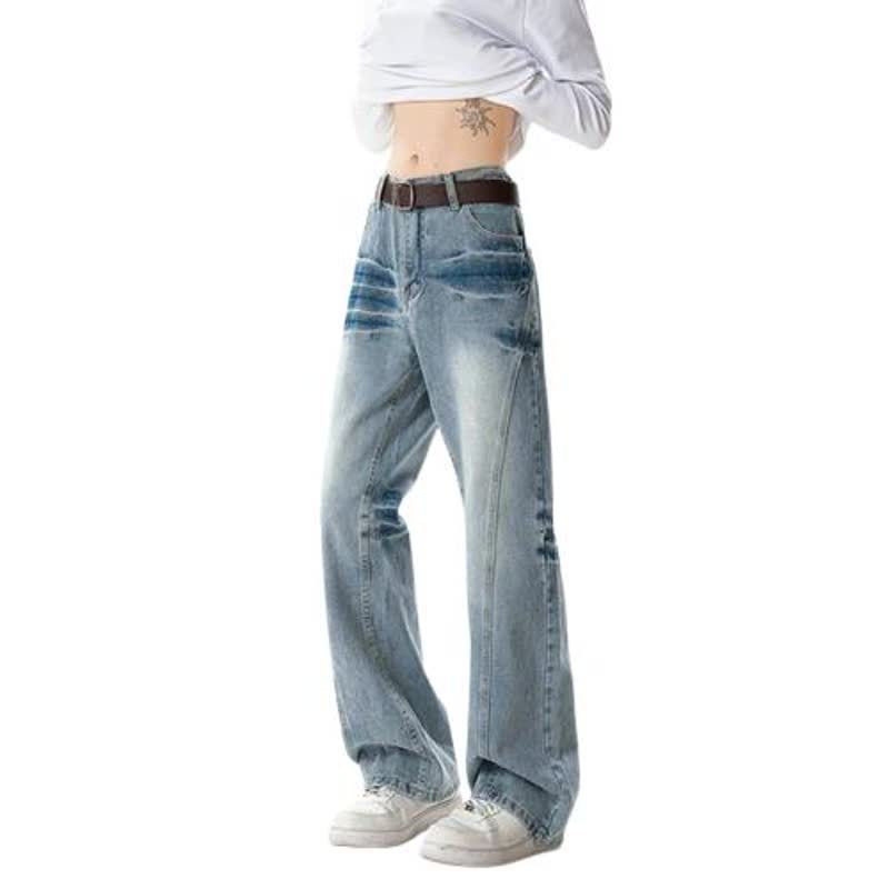 Washed Gradient Denim Pants with Cat Eye Texture and Blue Lightning Pattern