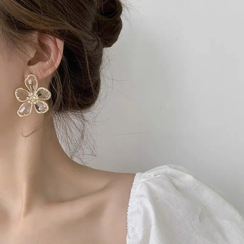 Fashion Crystal Flowers Stud Earrings for Women Trendy Europe Korean Exaggerated Personality Jewelry