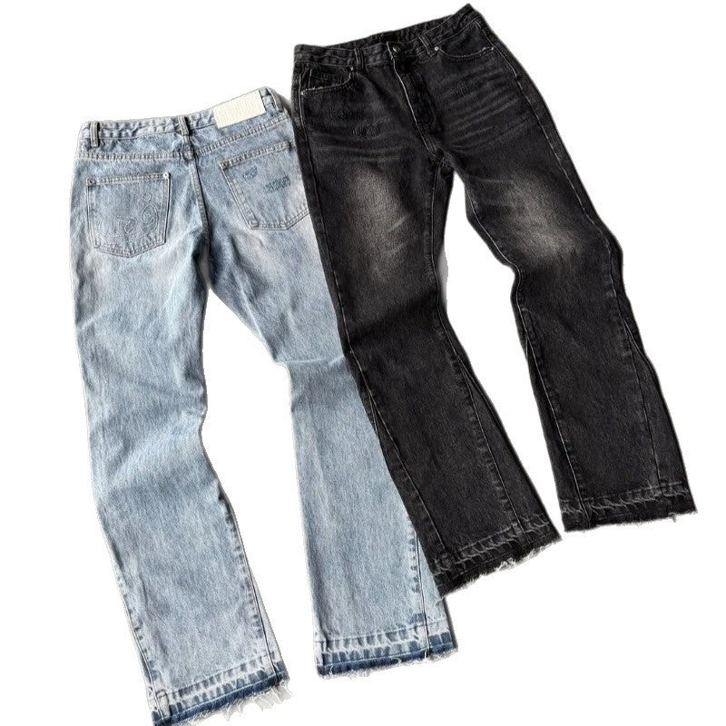 Washed Distressed Raw Hem Denim Pants Unisex Hip-hop Casual Street Style Loose Flared Trousers