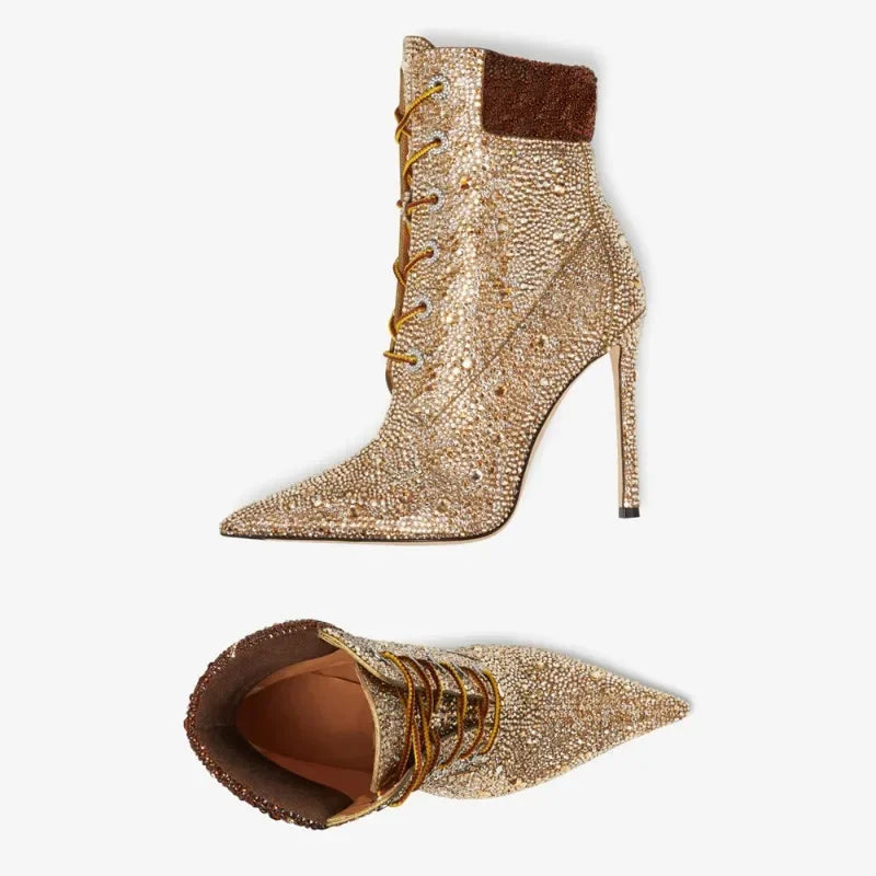 Water Diamond Mixed Color Cross Strap Short Boots Sexy Spicy Girl Crazy Racing Party Ankle Boots  Fashion Women's Shoes35-41