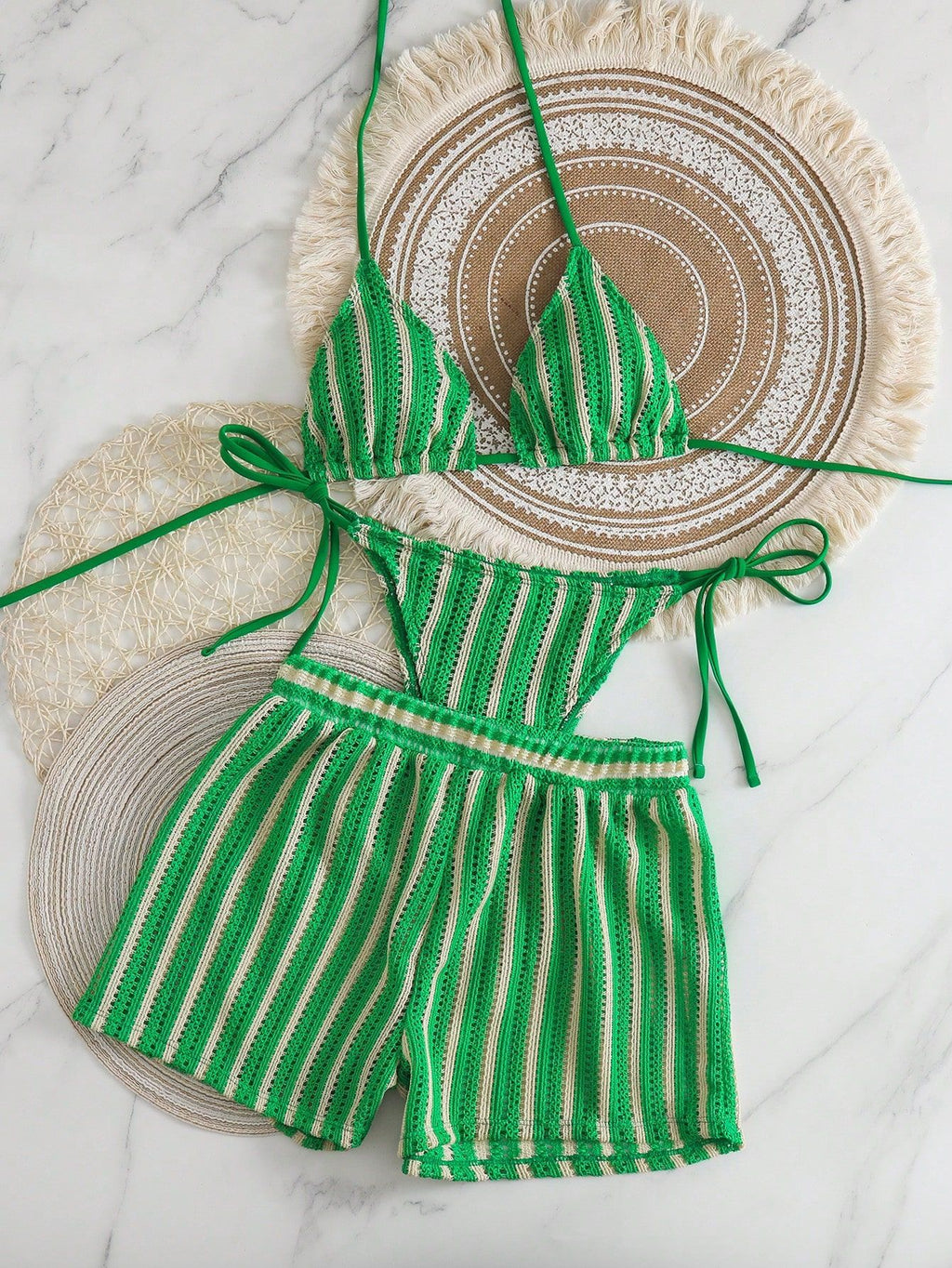 Striped neck hanging bikini swimsuit for women