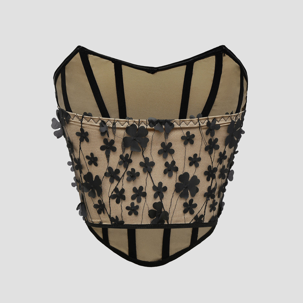 Embroidered flower strapless diamond stitched fishbone top