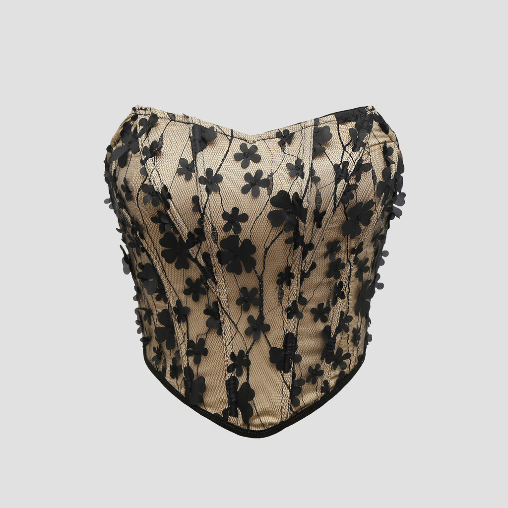 Embroidered flower strapless diamond stitched fishbone top