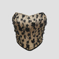 Embroidered flower strapless diamond stitched fishbone top