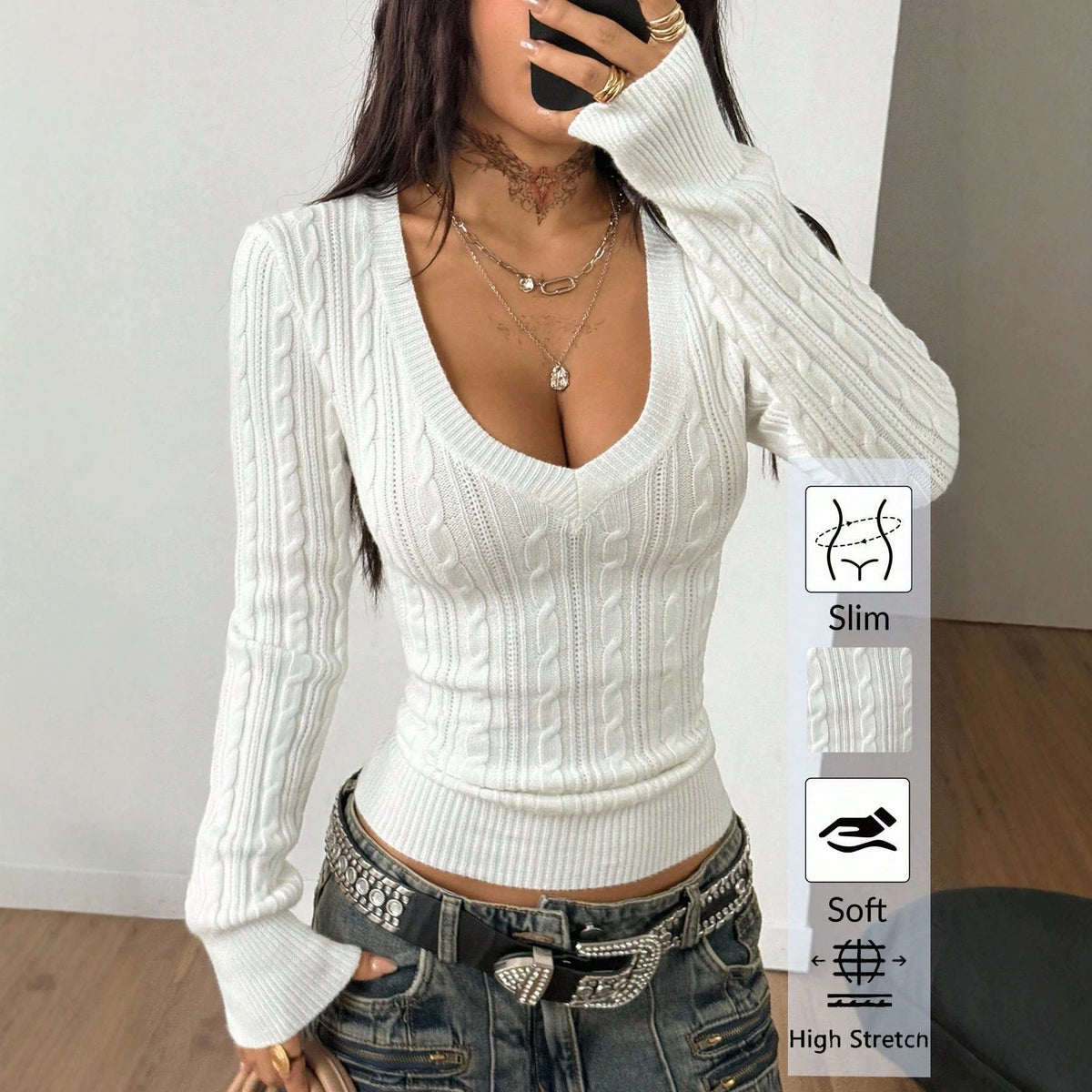 Chic V-Neck Cable Knit Sweater for Women Fitted Short Length, Slimming Long Sleeve Pullover