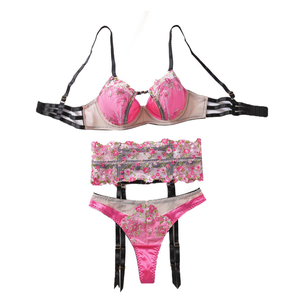 Sexy Mesh Perspective Embroidery Flower Gathering Fun Underwear Underwear 3-Piece Set