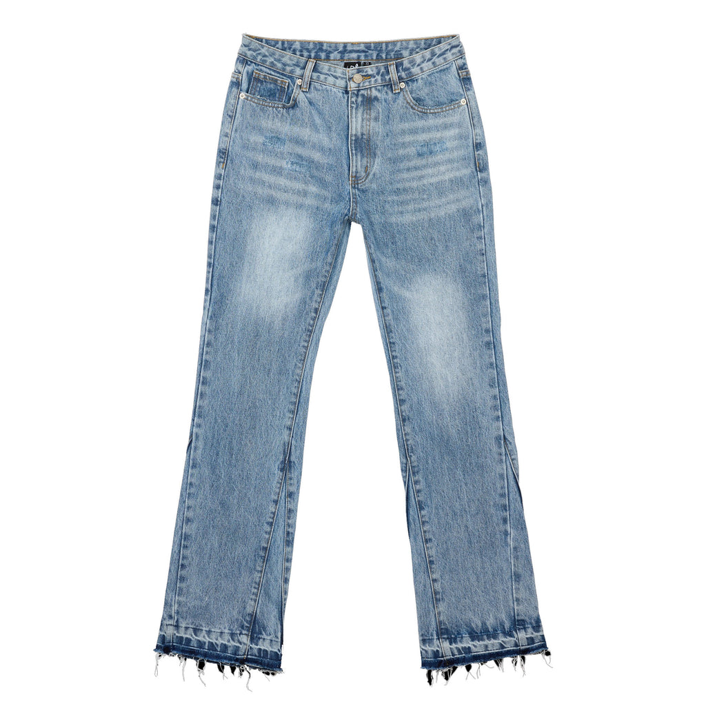 Washed Distressed Raw Hem Denim Pants Unisex Hip-hop Casual Street Style Loose Flared Trousers