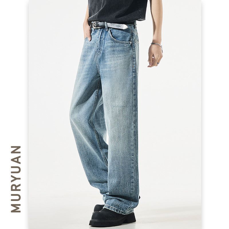 Loose Fit Men's Denim Pants Mid-Waist Plain Straight Leg A-Line Cut