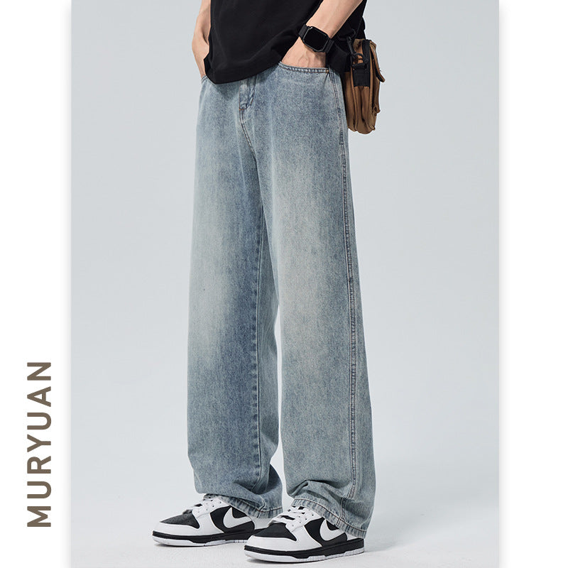 Washed Denim Pants Men Loose Straight Fit Half Elastic Simple Long Trousers