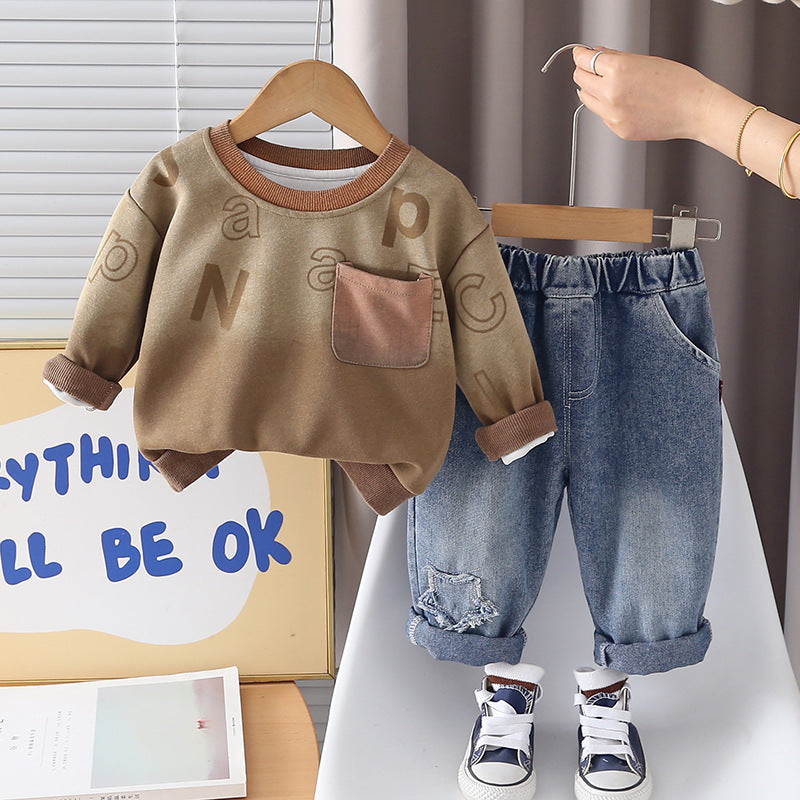 Male baby letter long sleeved hoodie two-piece set