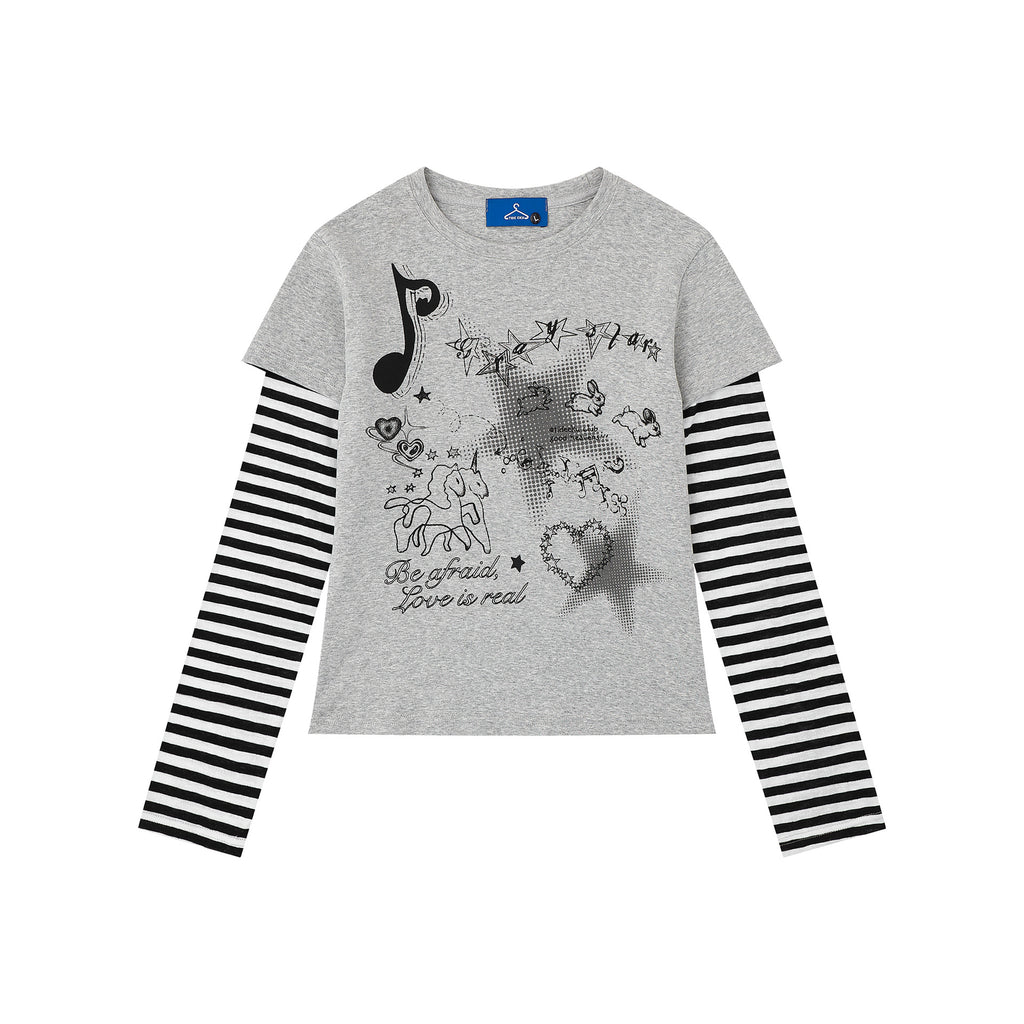 Heart False Two-Piece Long Sleeve Striped Sleeve Slim Fit Sweet Cool Style Top