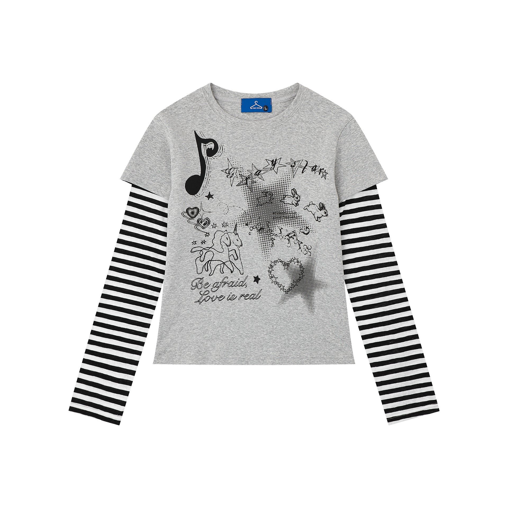 Heart False Two-Piece Long Sleeve Striped Sleeve Slim Fit Sweet Cool Style Top
