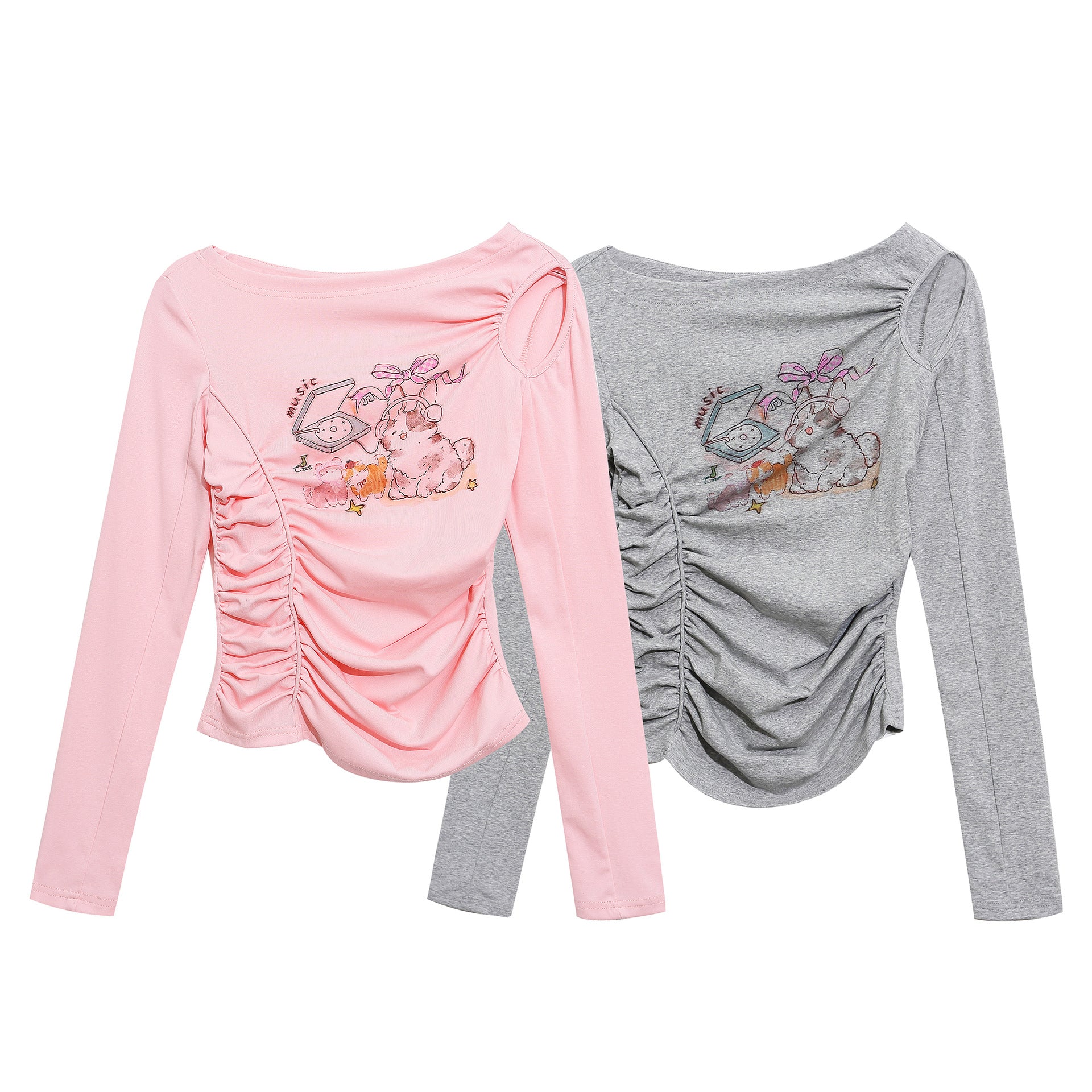 Cartoon Print Off-Shoulder Basic Top, One-Shoulder Gathered Waist Slimming Sweet and Spicy Style Top
