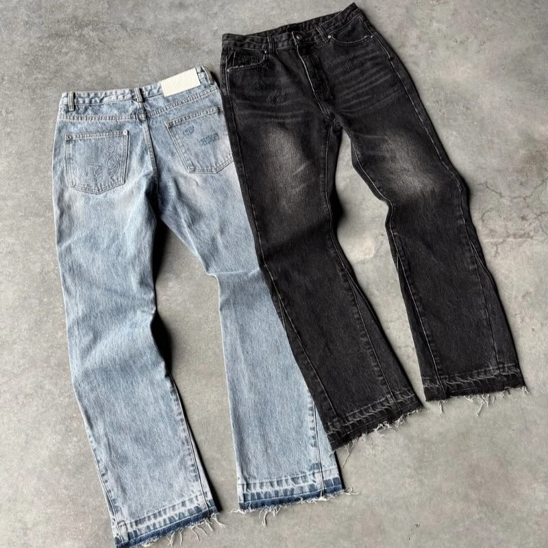Washed Distressed Raw Hem Denim Pants Unisex Hip-hop Casual Street Style Loose Flared Trousers