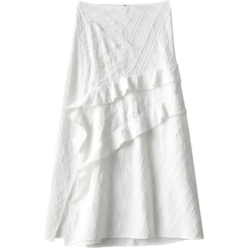 Irregular White A-Line Tiered Skirt High Waist Slimming Midi Skirt for Women