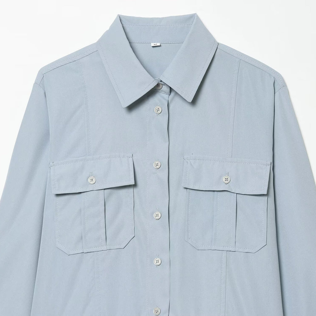 Commuting style pleated shirt style long sleeved dress