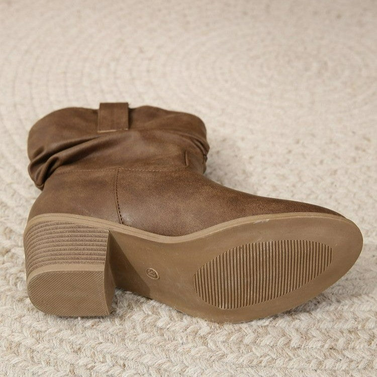 Middle heel boots with pleats middle tube stacked boots with tassels