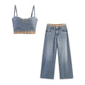 Splicing top+loose jeans set