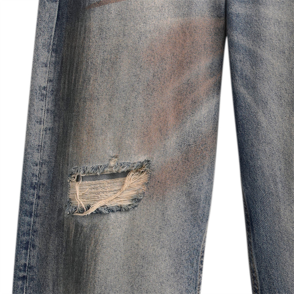 Ripped worn dirty straight leg jeans