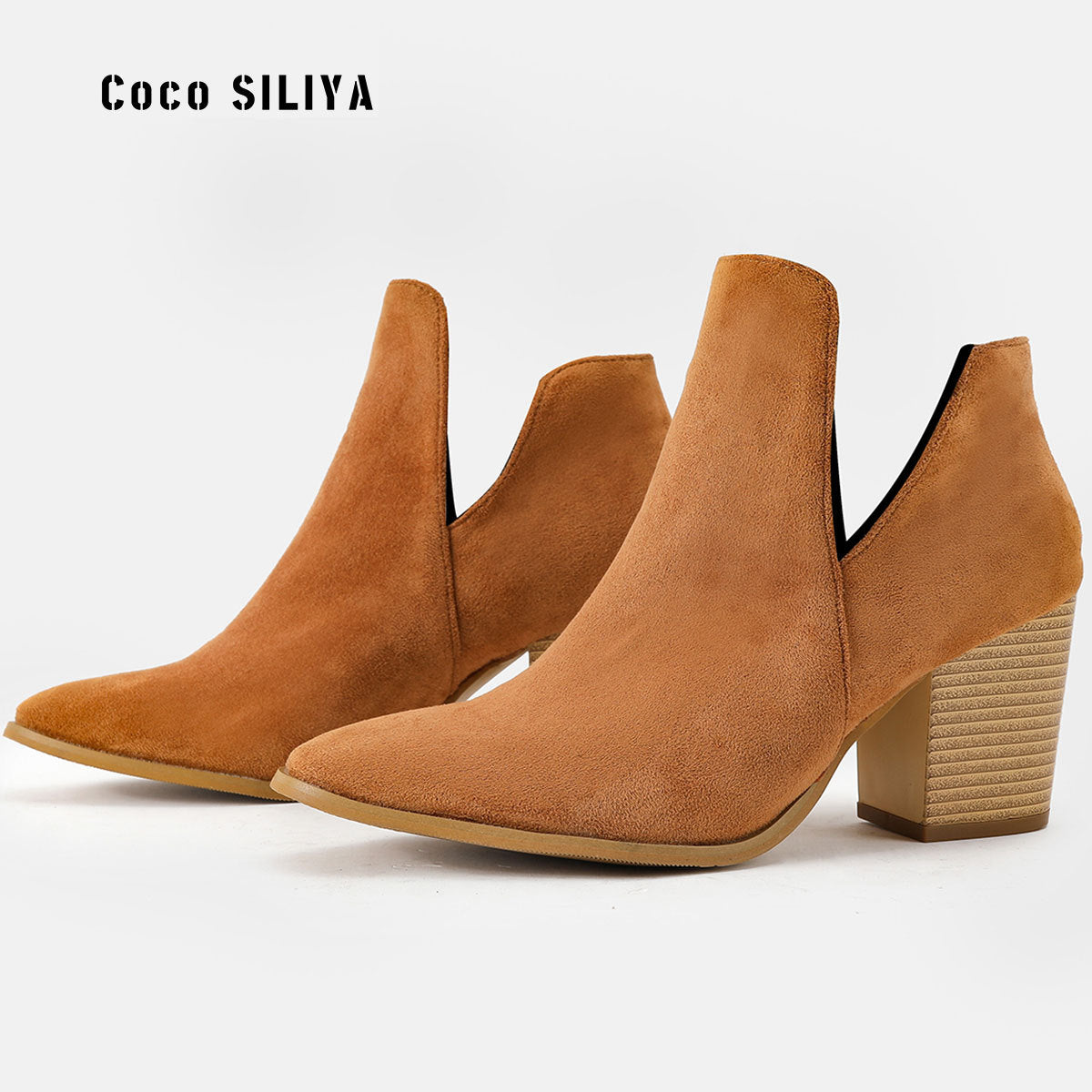 Martin Boots Women's New Suede Short Slim Boots Thick Heel Pointed Large Short Boots