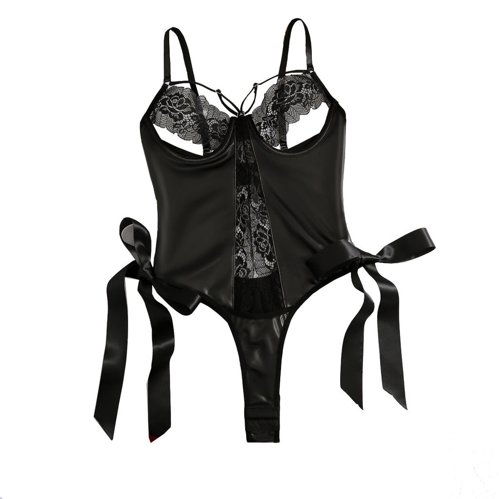 Sexy strap patent leather lace spliced leather fabric sexy leakage suspender jumpsuit