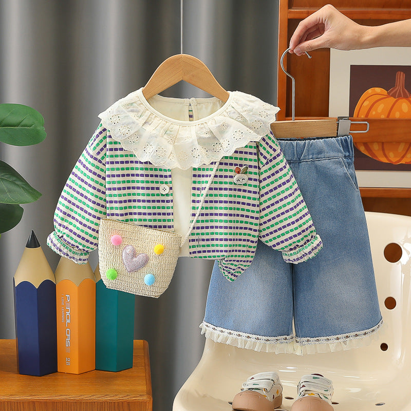 Long sleeved baby casual striped cardigan three piece set
