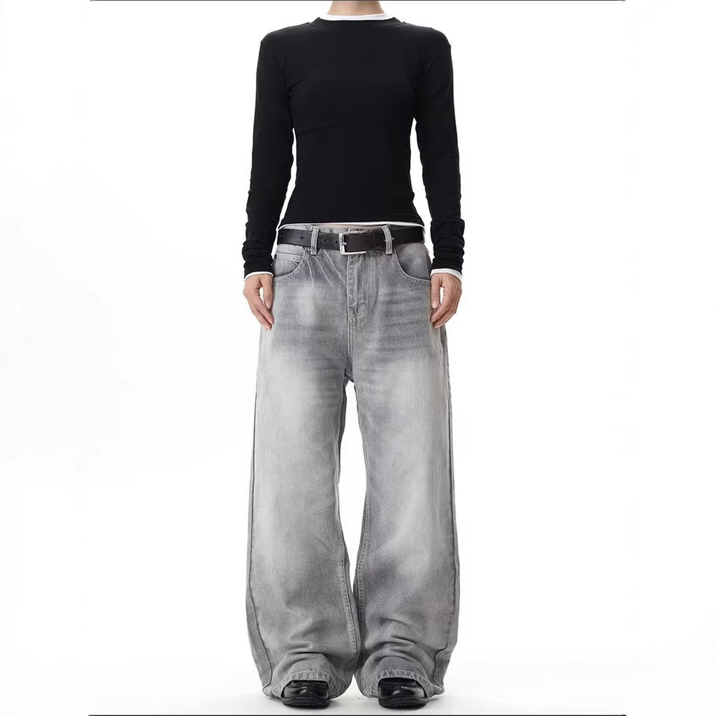 Washed Distressed Gray Green Denim Pants