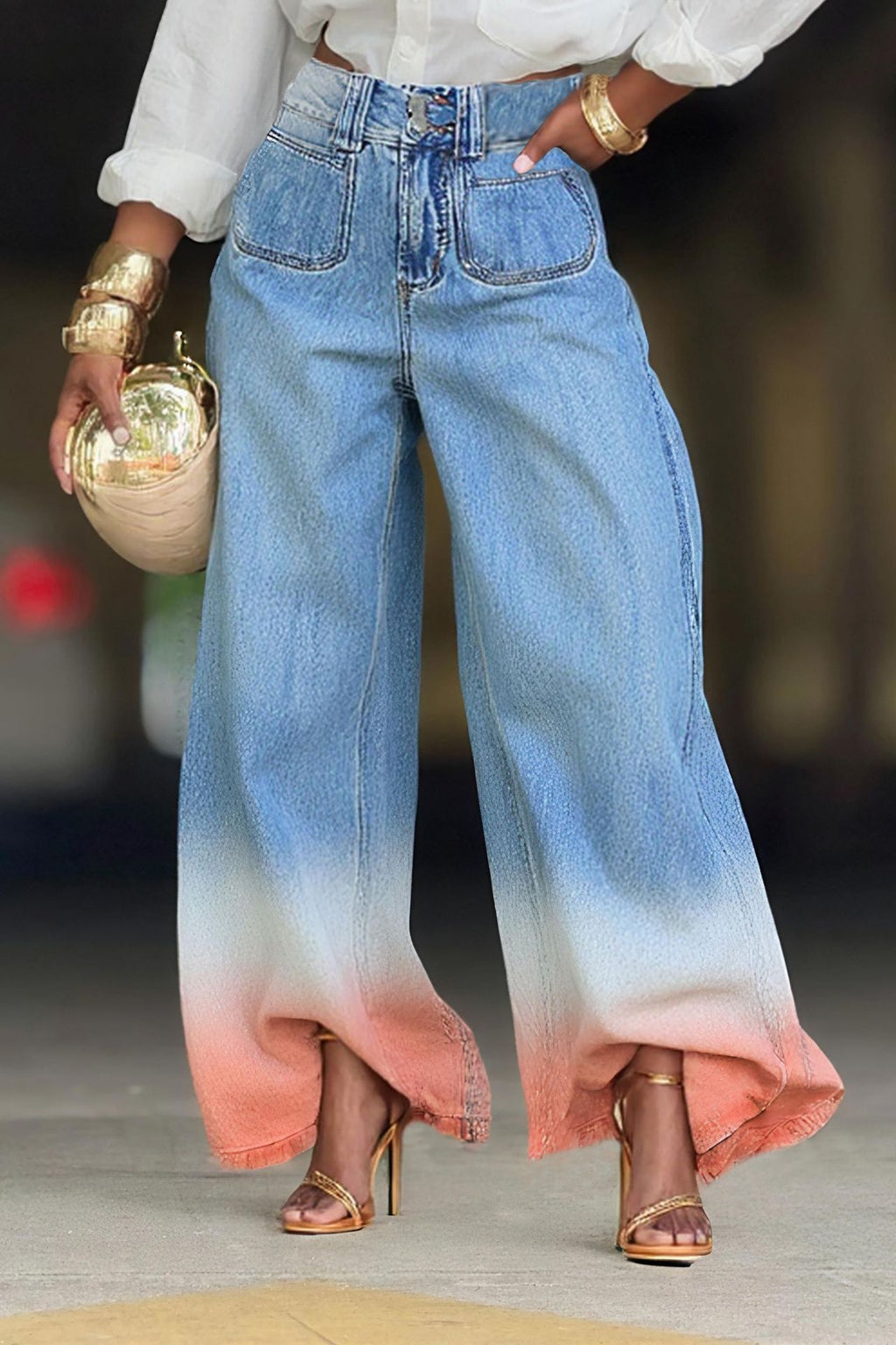 Gradient Color High-Waisted Jeans with Front Patch Pocket Design