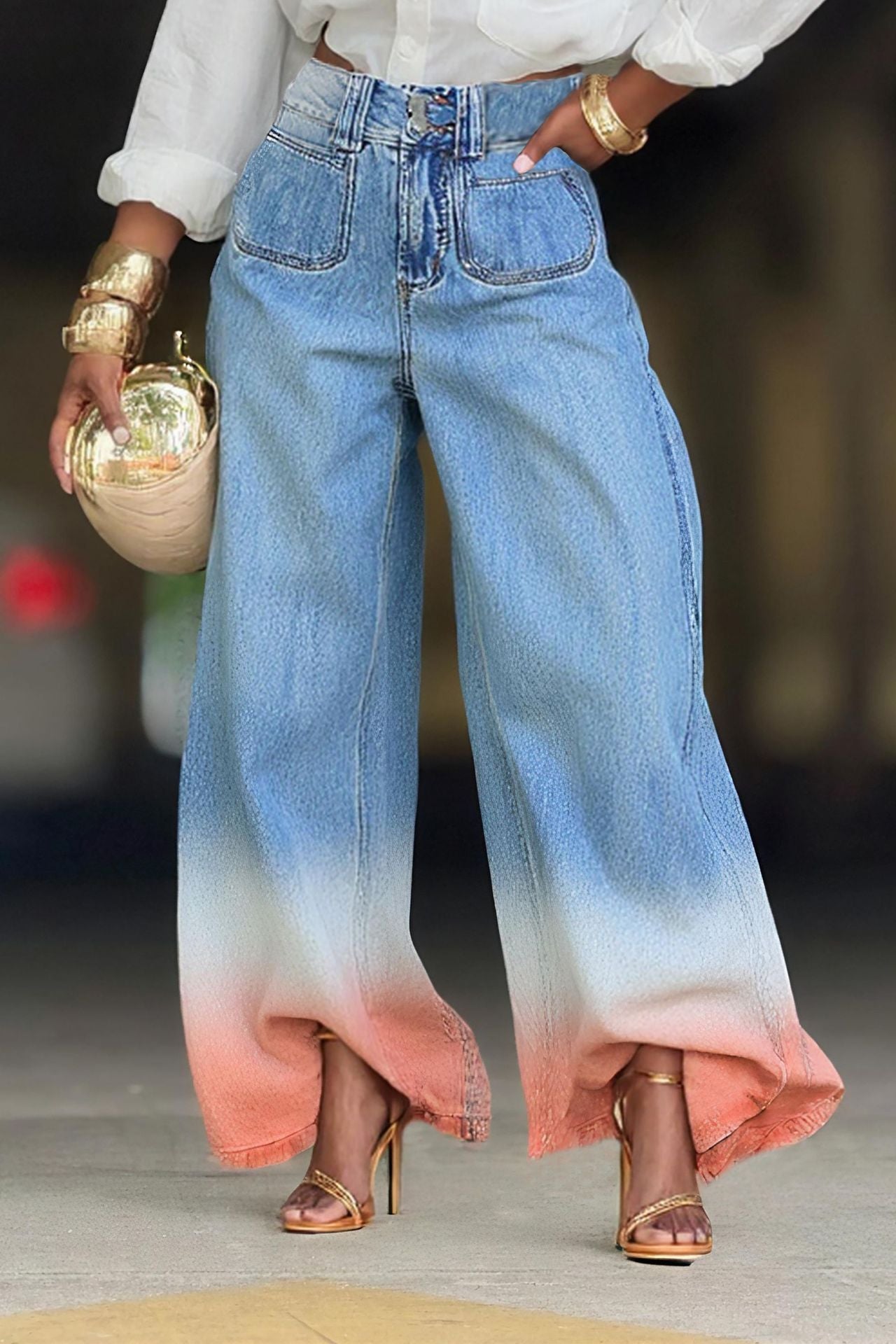 Gradient Color High-Waisted Jeans with Front Patch Pocket Design