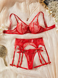 Flower Embroidery Ultra Thin Perspective Sexy Underwear Four Piece Set