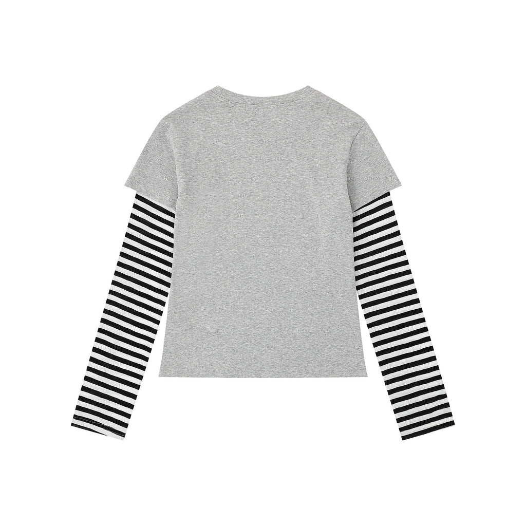 Heart False Two-Piece Long Sleeve Striped Sleeve Slim Fit Sweet Cool Style Top