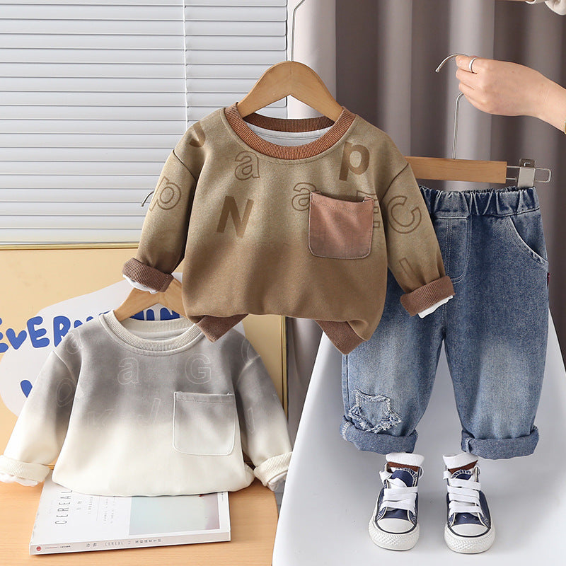 Male baby letter long sleeved hoodie two-piece set