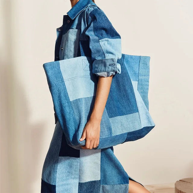 Spring Summer  New Women's Color-matching Stitching Denim Bag Adult Versatile Large-capacity Shopping Bag Ladies Tote Bag