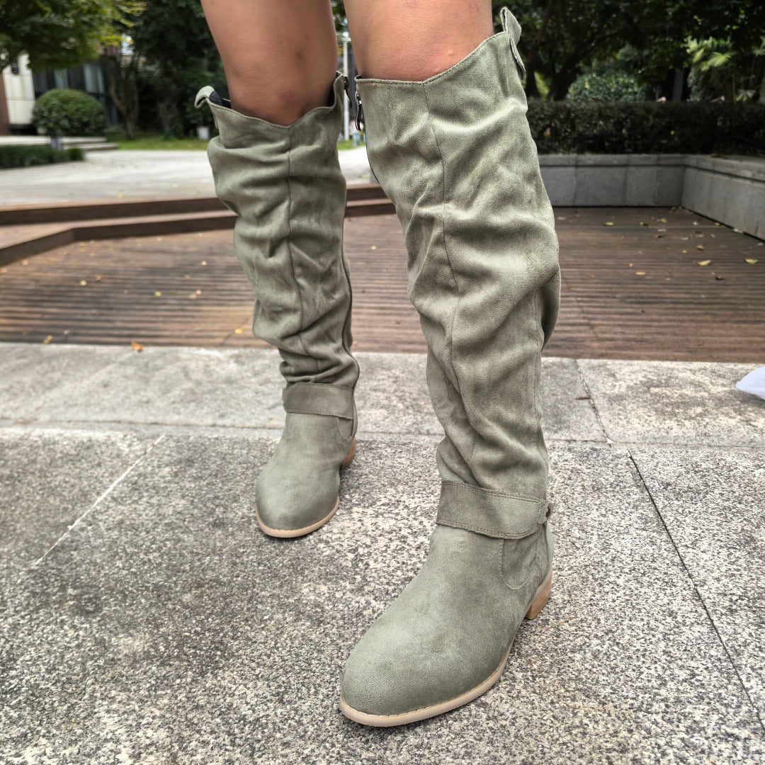 Low heeled side zipper oversized suede high top women's boots