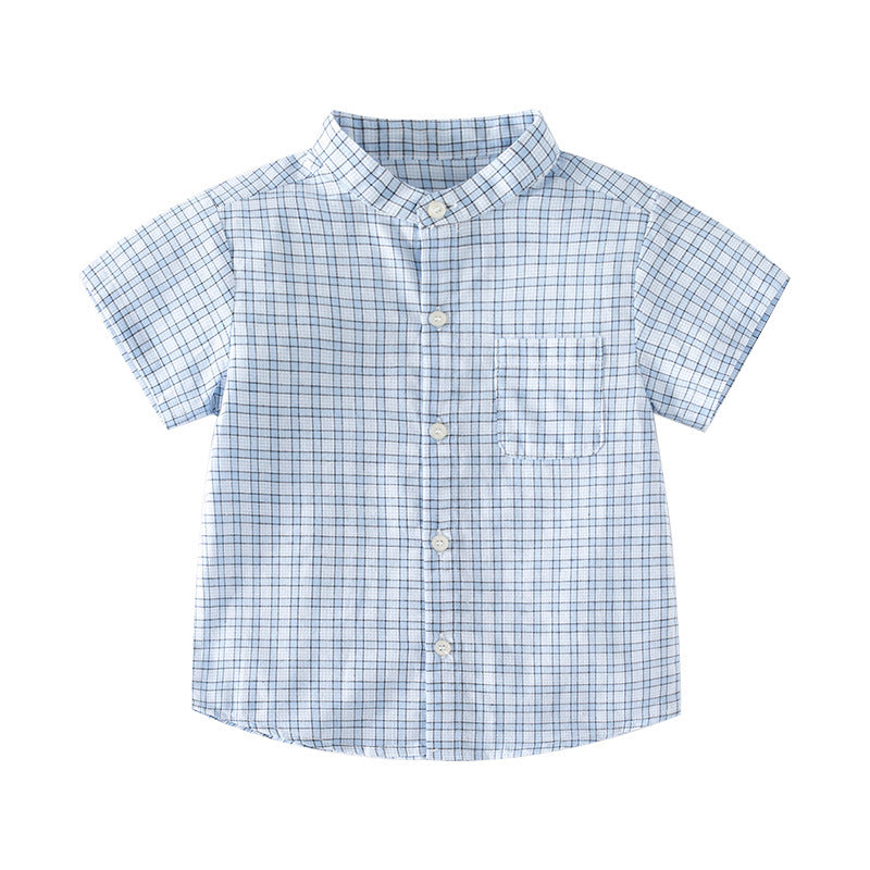 Soft Comfortable Moisture-Wicking Checkered Stand-Up Collar Short Sleeve Outdoor Casual Style Boys Shirt
