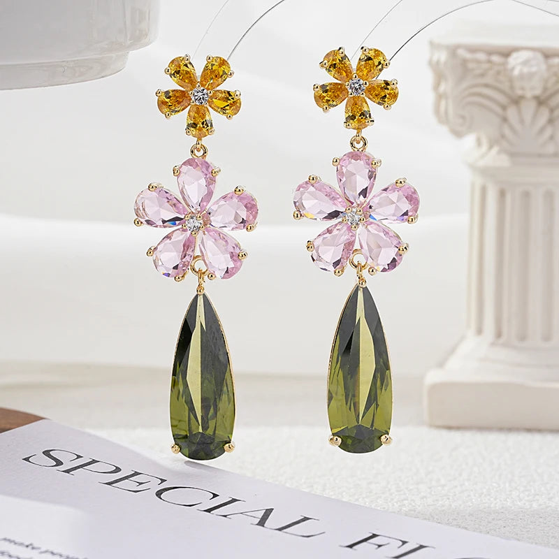Fashion Color Cubic Zirconia Flower Long Earring for Wedding Pave Color Cubic Zirconia Party Jewelry Gift Long Water Drop
