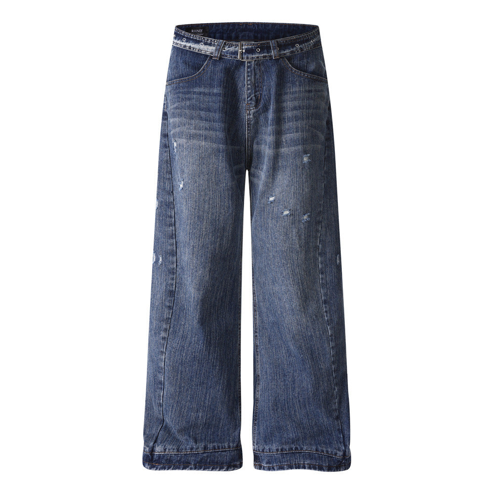Wear and tear the waistband make it old wide leg denim pants
