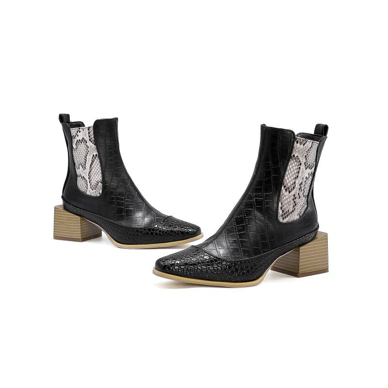 New retro women's boots snake print short boots sole tube western cowboy Martin boots thick heel personality large size
