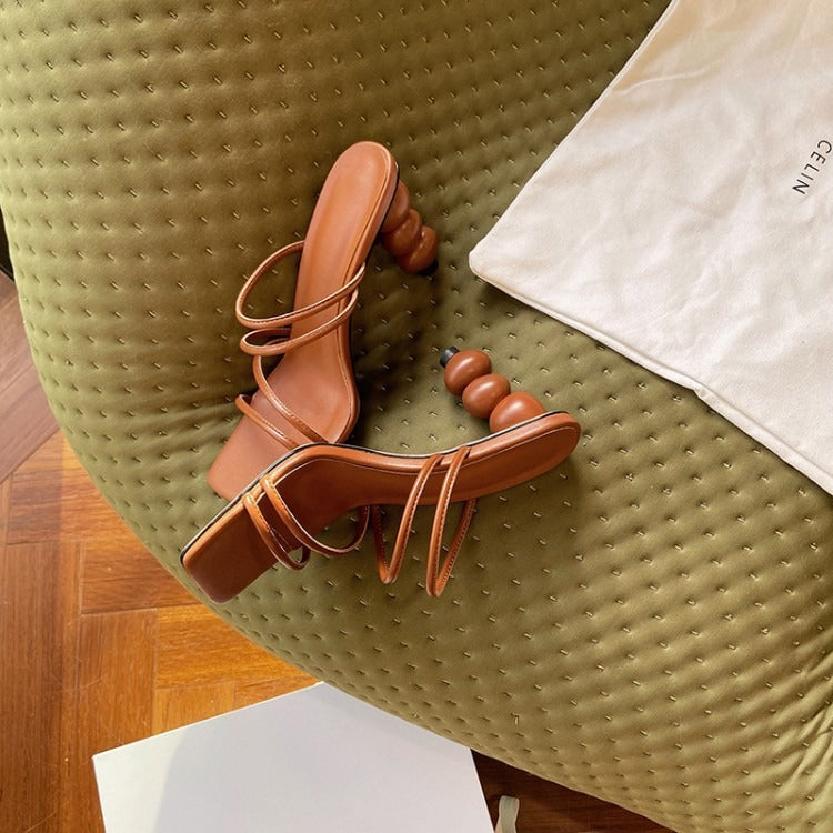 Simple Square Toe Straight Gourd High Heel Mules Women's Ball Ball Round Heel Sandals