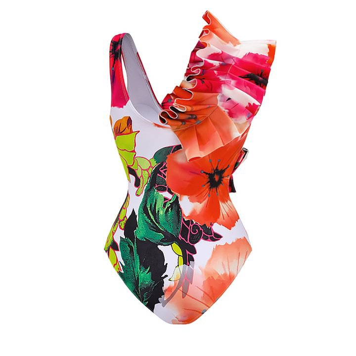 Floral Print Ruffle One-Piece Swimsuit Set for Women, Slimming Design