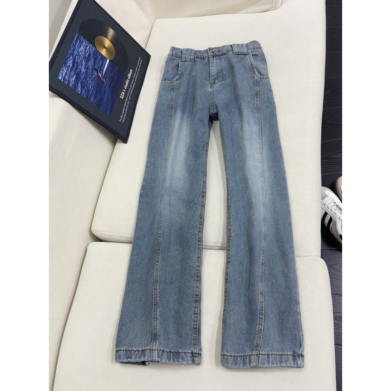 Retro Knife-Edge Denim Jeans Men's Long Pants Slit Cut