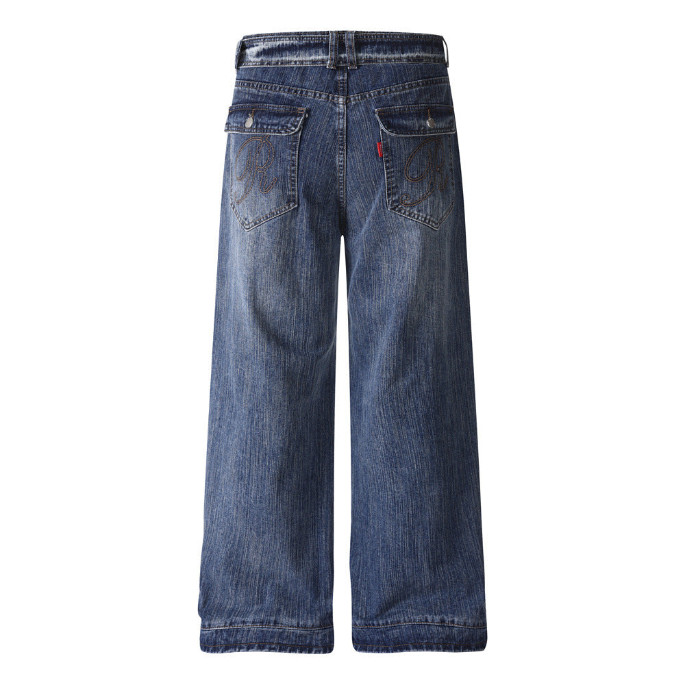 Wear and tear the waistband make it old wide leg denim pants
