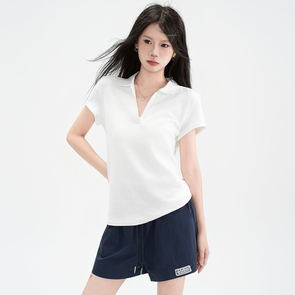 Chic Polo Collar Straight Shoulder Short Sleeve T-Shirt for Women