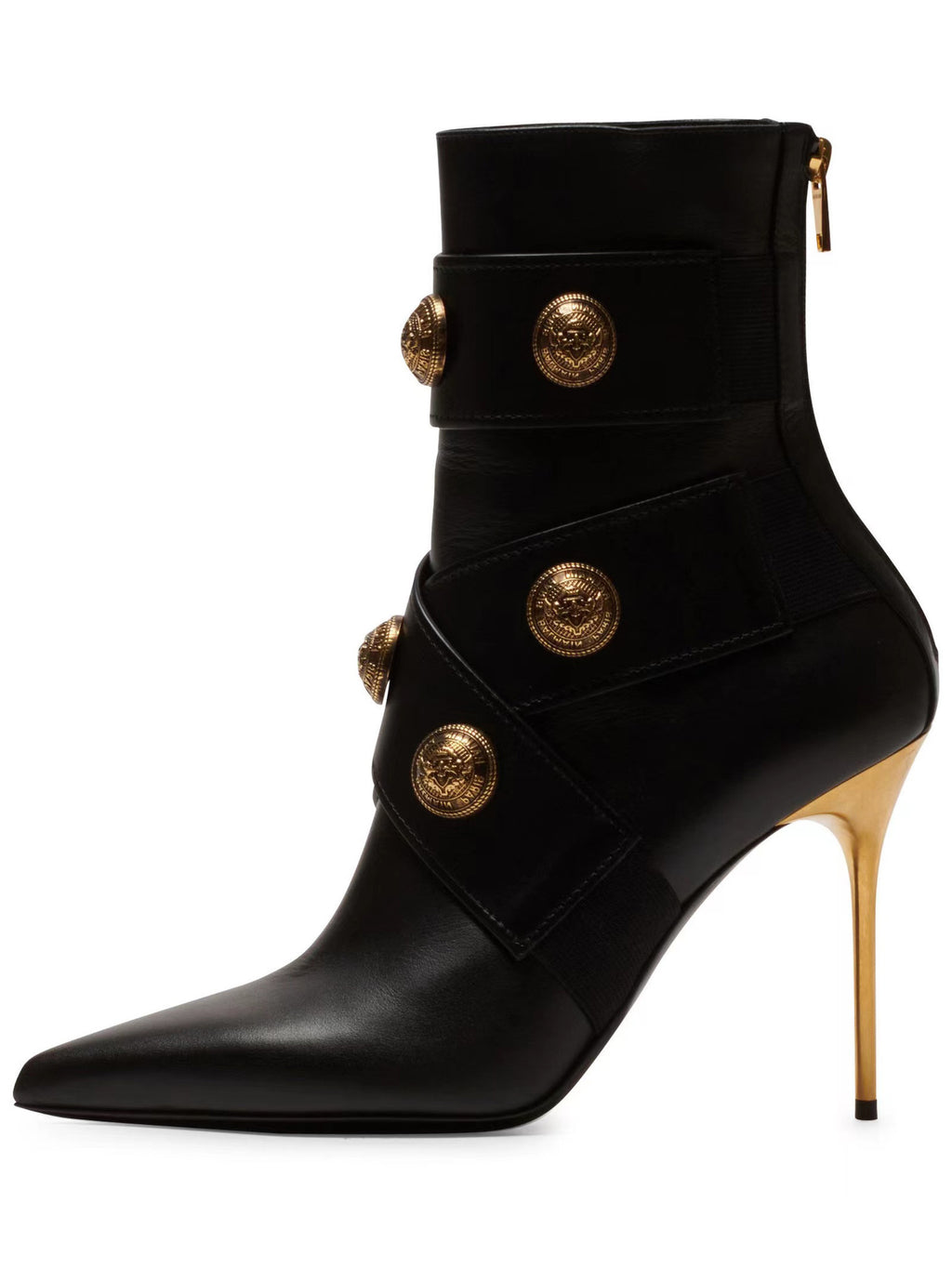 Gold Round Badge Short Boots Pointed Toe Metal Stiletto Heels Zipper Boots Sexy Fashionable Party Boots for Women