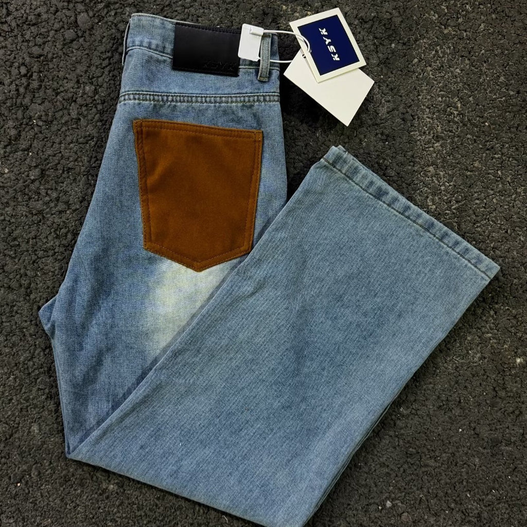 Denim Pants Men's Suede Patchwork Design Loose Straight Leg Casual Trousers