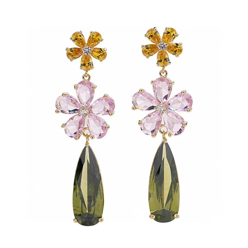Fashion Color Cubic Zirconia Flower Long Earring for Wedding Pave Color Cubic Zirconia Party Jewelry Gift Long Water Drop