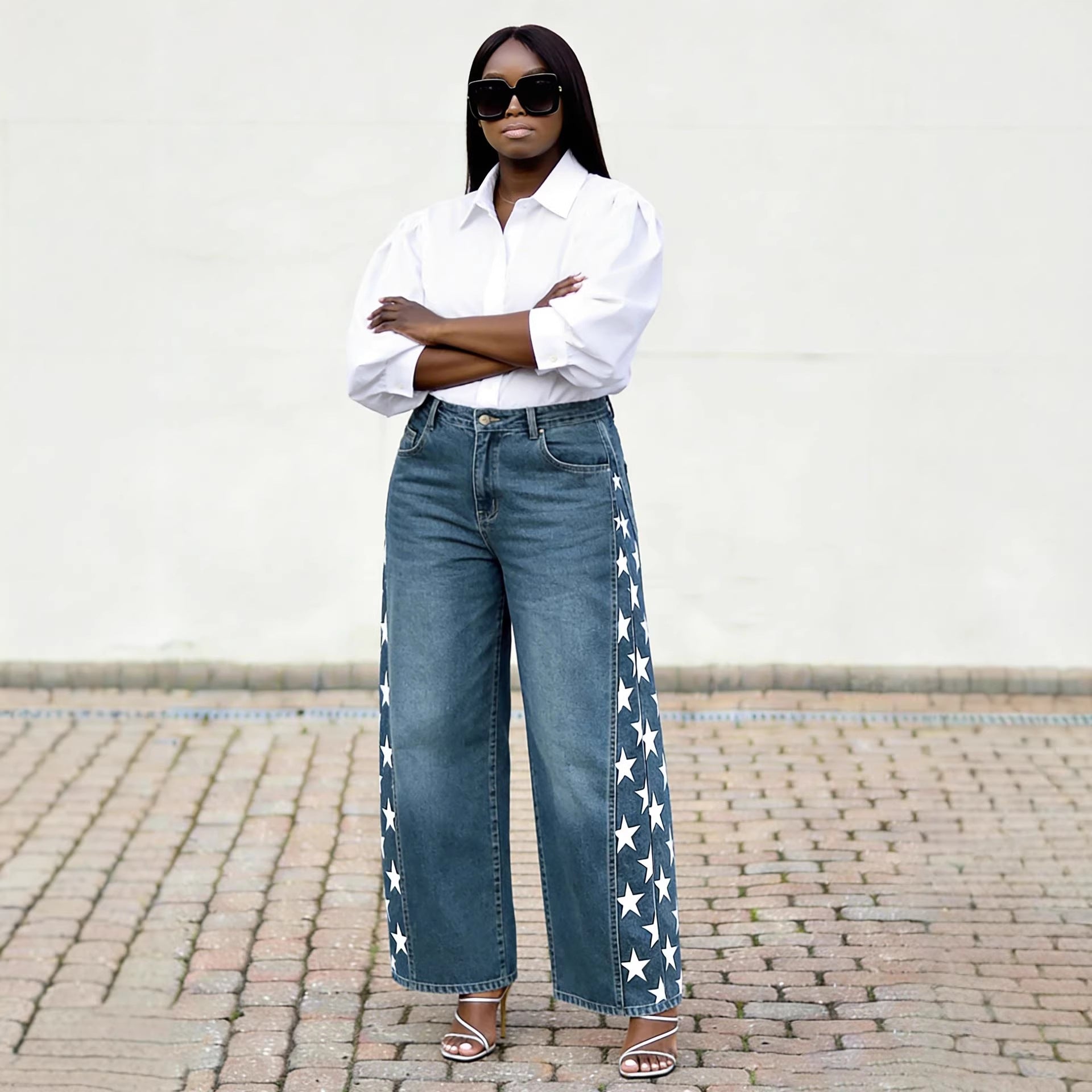 Street Style Side Split Star Print Jeans