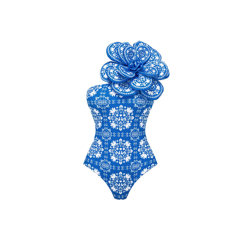 Printed Sleeveless Handmade High Quality Large Flower One-piece Women's Swimwear
