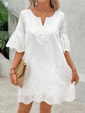Hollow embroidery solid color five quarter sleeve women's dress