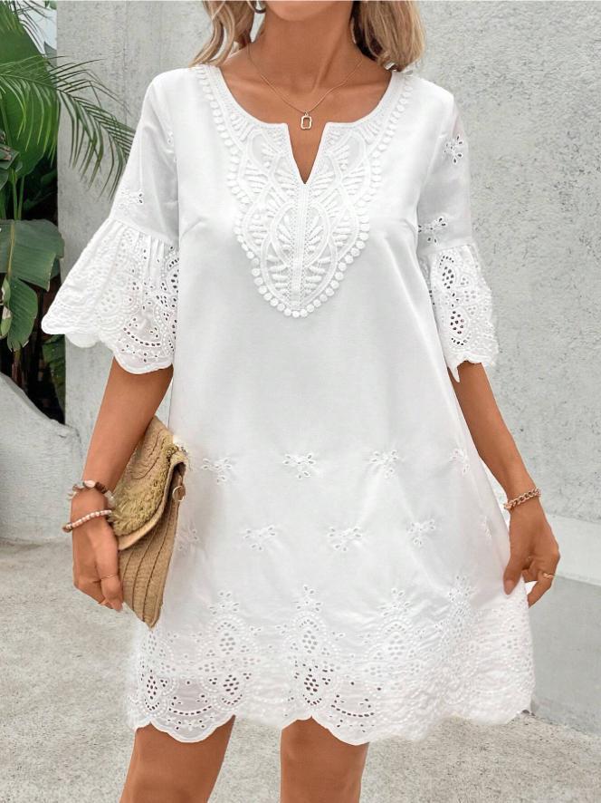 Hollow embroidery solid color five quarter sleeve women's dress